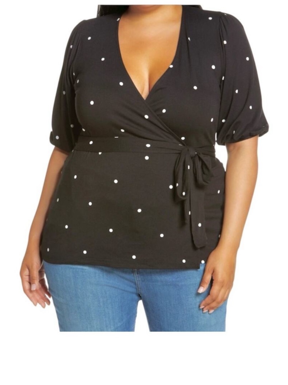new Halogen 2X polka dot wrap side tie knit top blouse TB 3116